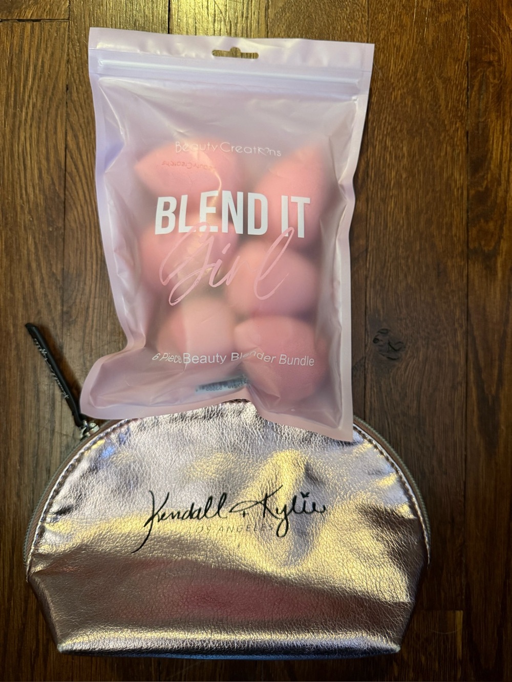 Kendall & Kylie Metallic Rose Cosmetic Bag with Pink Beauty Sponge Set